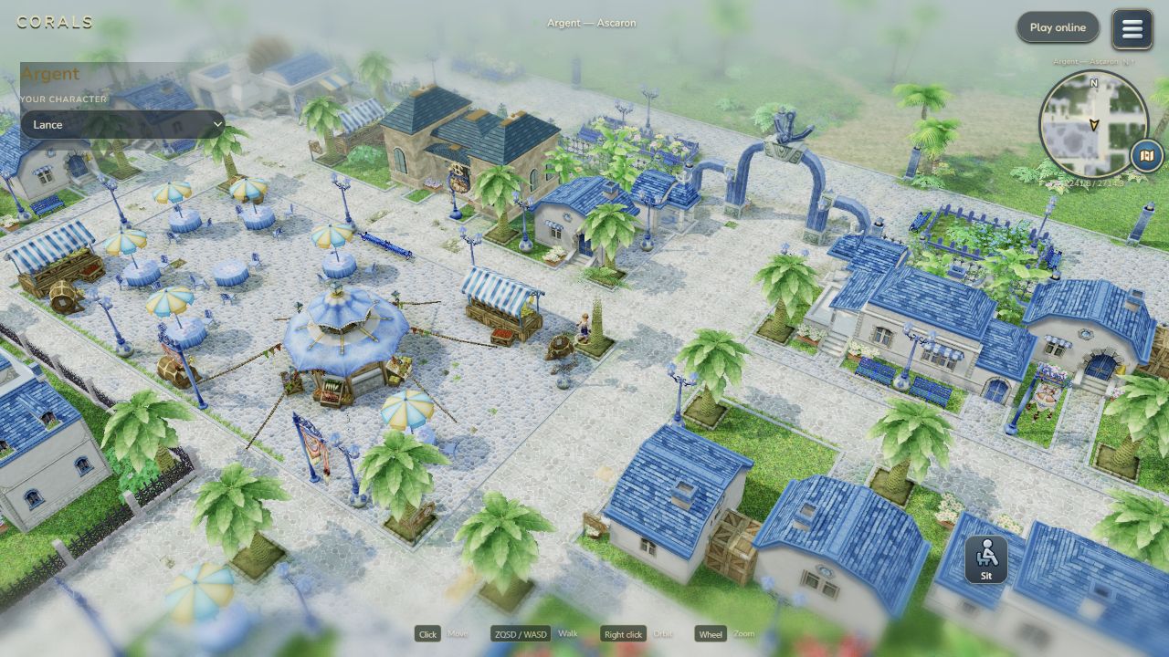 In-game capture of Corals in Argent, showing Lance near the harbour town buildings and the game interface.